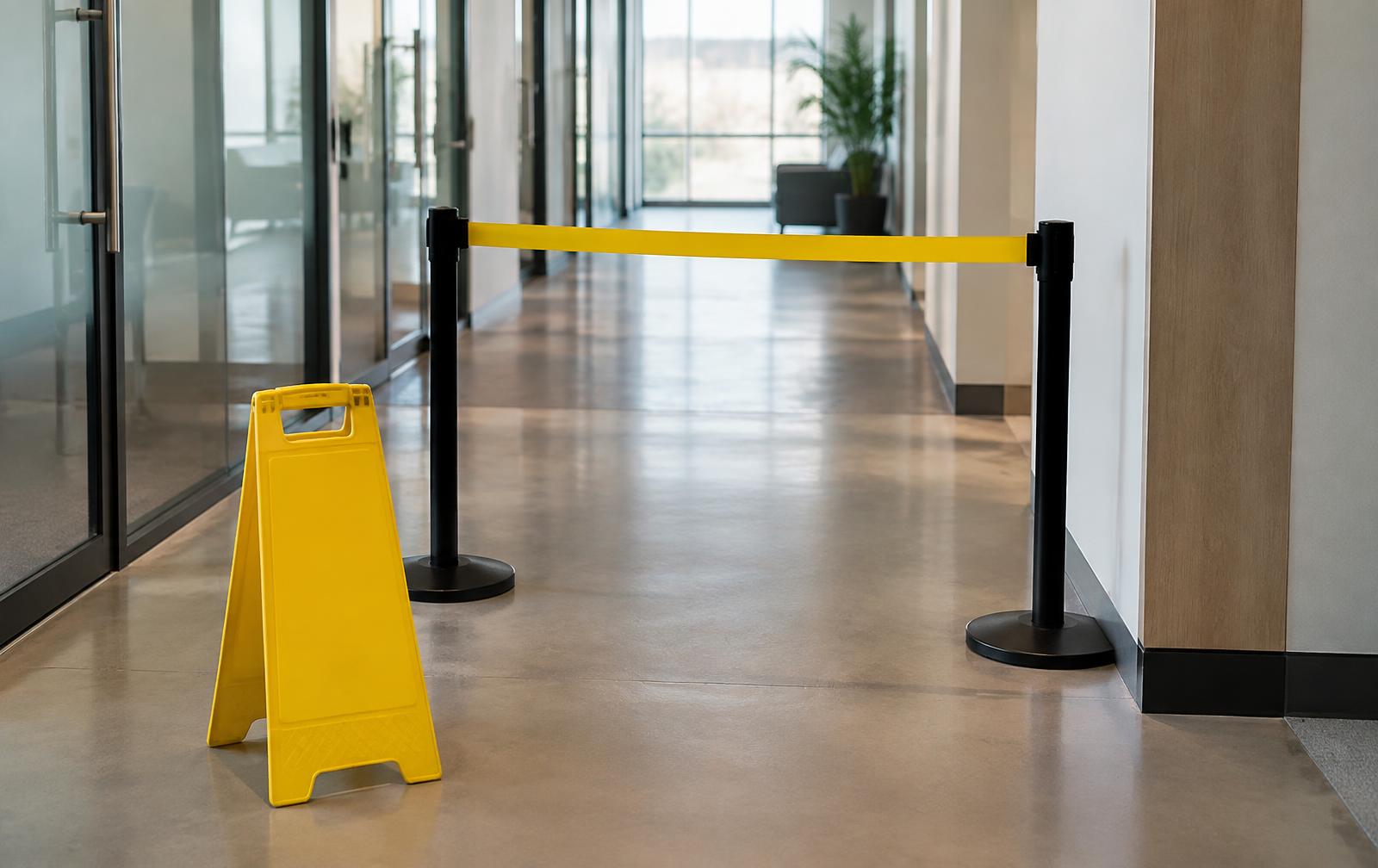 Office corridor closed off with a yellow barrier and caution sign